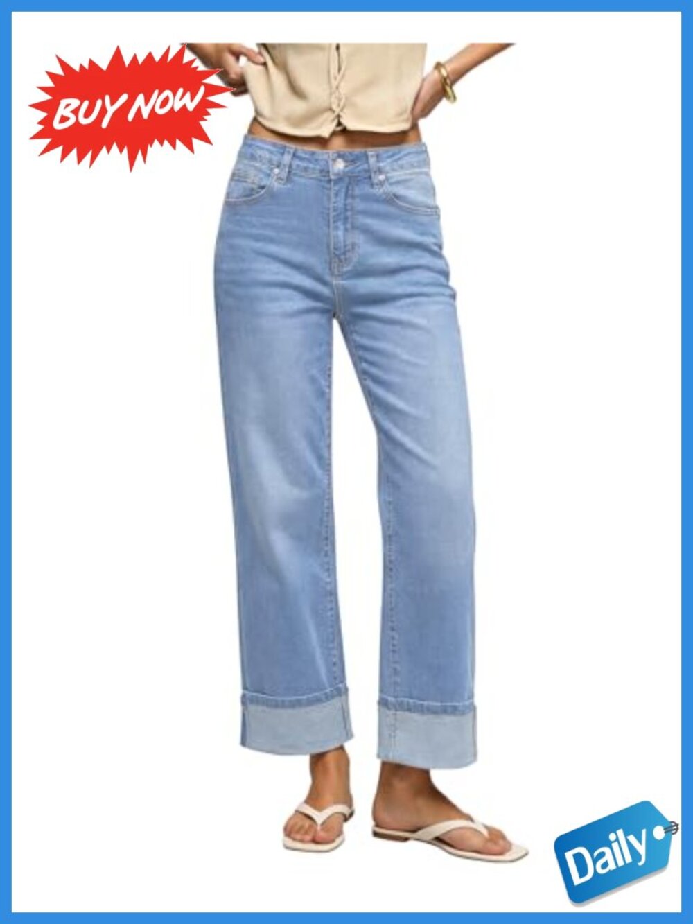 Wide Leg High Waisted Cuffed Hem Stretchy Denim Jeans Women